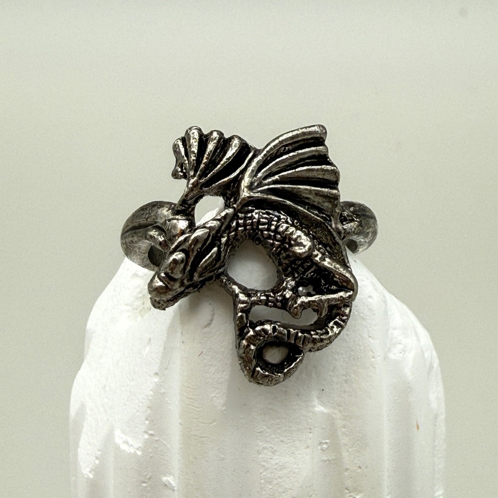 Antique Silvertone Dragon Ring Fantasy Mythic Gothic Statement Jewelry Size 6.75